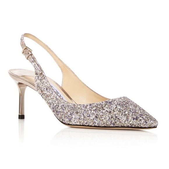 Jimmy Choo Shoes - Jimmy Choo Erin 60 Platinum Glitter Pointed Toe Slingback Kitten Heel Pumps 38